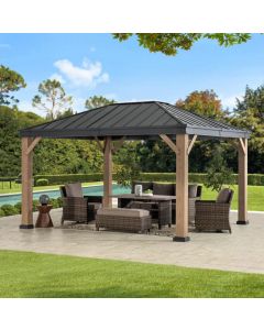 Sunjoy Cedarville 11 ft. x 13 ft. Outdoor Black Steel Hardtop Gazebo with Skylight for Patio, Garden, and Backyard Activities