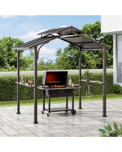 Sunjoy Outdoor Patio 5x8 Brown 2-Tier Steel Backyard Hardtop Grill Gazebo with Metal Ceiling Hook and Bar Shelves
