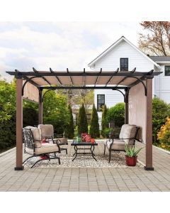 Sunjoy Outdoor Patio 11x11 Modern Metal Pergola Kit with Natural Wood Looking Finish and Tan Adjustable Canopy