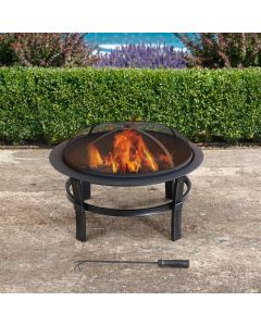 Sunjoy 29 in. Outdoor Fire Pit Black Steel Patio Fire Pit Backyard Wood Burning Fire Pit with Spark Screen and Fire Poker