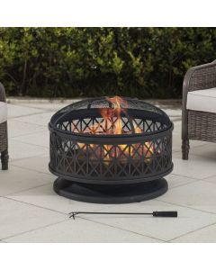 Sunjoy 30 in. Outdoor Fire Pit Black Steel Patio Fire Pit Backyard Wood Burning Fire Pit with Spark Screen and Fire Poker