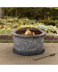 Sunjoy 32 in. Outdoor Fire Pit Brown and Gray Patio Fire Pit Wood Burning Stone Fire Pit with Spark Screen and Fire Poker