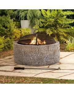 Sunjoy 26 in. Outdoor Fire Pits Wood Burning Patio Fire Pit Stone Backyard Fire Pit with Spark Screen and Poker