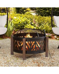 Sunjoy 31 in. Outdoor Fire Pit Black Steel Patio Fire Pit Wood Burning Backyard Fire Pit with Spark Screen and Fire Poker