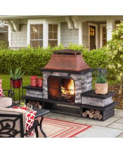 Sunjoy Outdoor 48 in. Steel Wood Burning Stone Fireplace with Fire Poker and Removable Grate