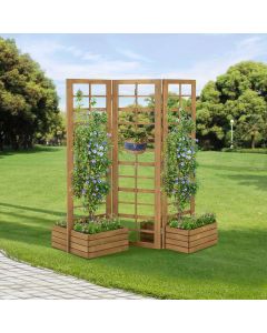 Sunjoy 67 in. Privacy Wall Outdoor Cedar Planter Privacy Screen, Freestanding Tri-fold Wood Raised Garden Bed with Trellis