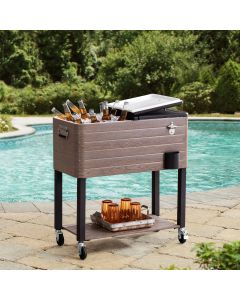 Sunjoy Outdoor Patio 80 Quart Wood Grain Steel Rolling Ice Chest Cooler Cart with Stainless Steel Bottle Opener, Shelf, and Lockable Wheels