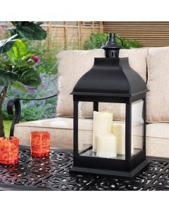 Sunjoy 20 in. Outdoor Battery Powered LED Lantern, Black Patio Decorative Waterproof Flameless Hanging Candle Lantern