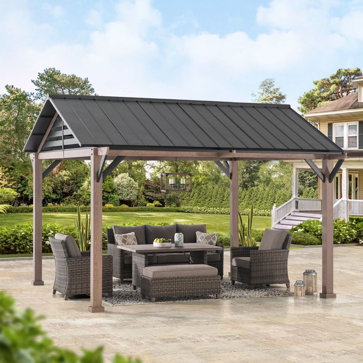 Sunjoy Outdoor Patio 13x13 Black Steel Gable Roof Backyard Hardtop Gazebo Pavilion with Decorative Beam and Ceiling Hook