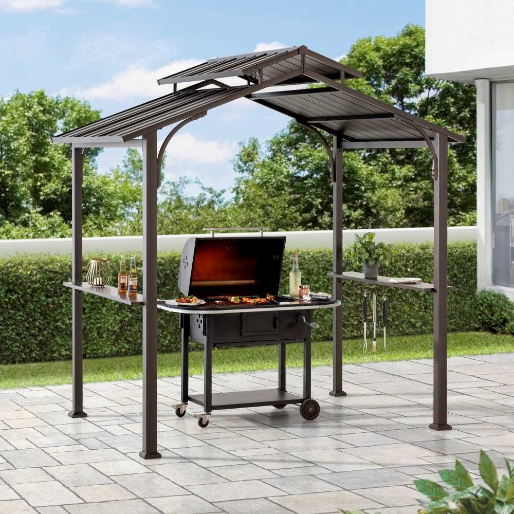 Sunjoy Outdoor Patio 5x8 Brown 2 Tier Steel Backyard Hardtop Grill Gazebo with Metal Ceiling Hook and Bar Shelves