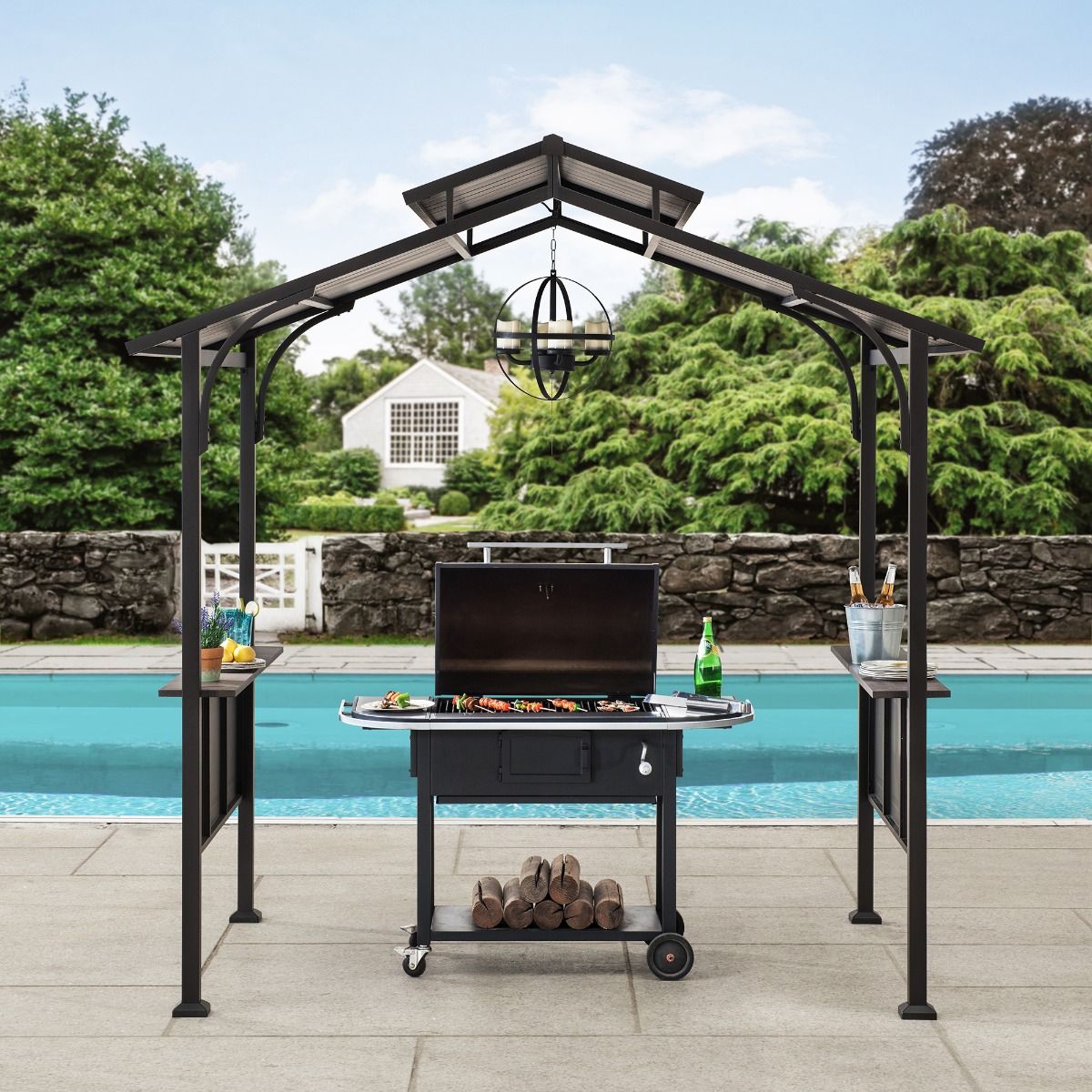 Sunjoy 5 Ft. X 8 Ft. Brown Steel 2-Tier Grill Gazebo Hardtop With Hook ...