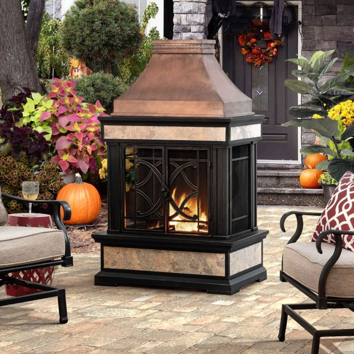 Sunjoy 56.69in. Heirloom Slate Copper Outdoor Wood Burning Fireplace