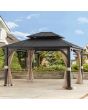 Sunjoy 13 x 15 ft. Churchill Outdoor Patio Black Steel Hardtop Gazebo with 2-Tier Metal Roof and Mesh Netting